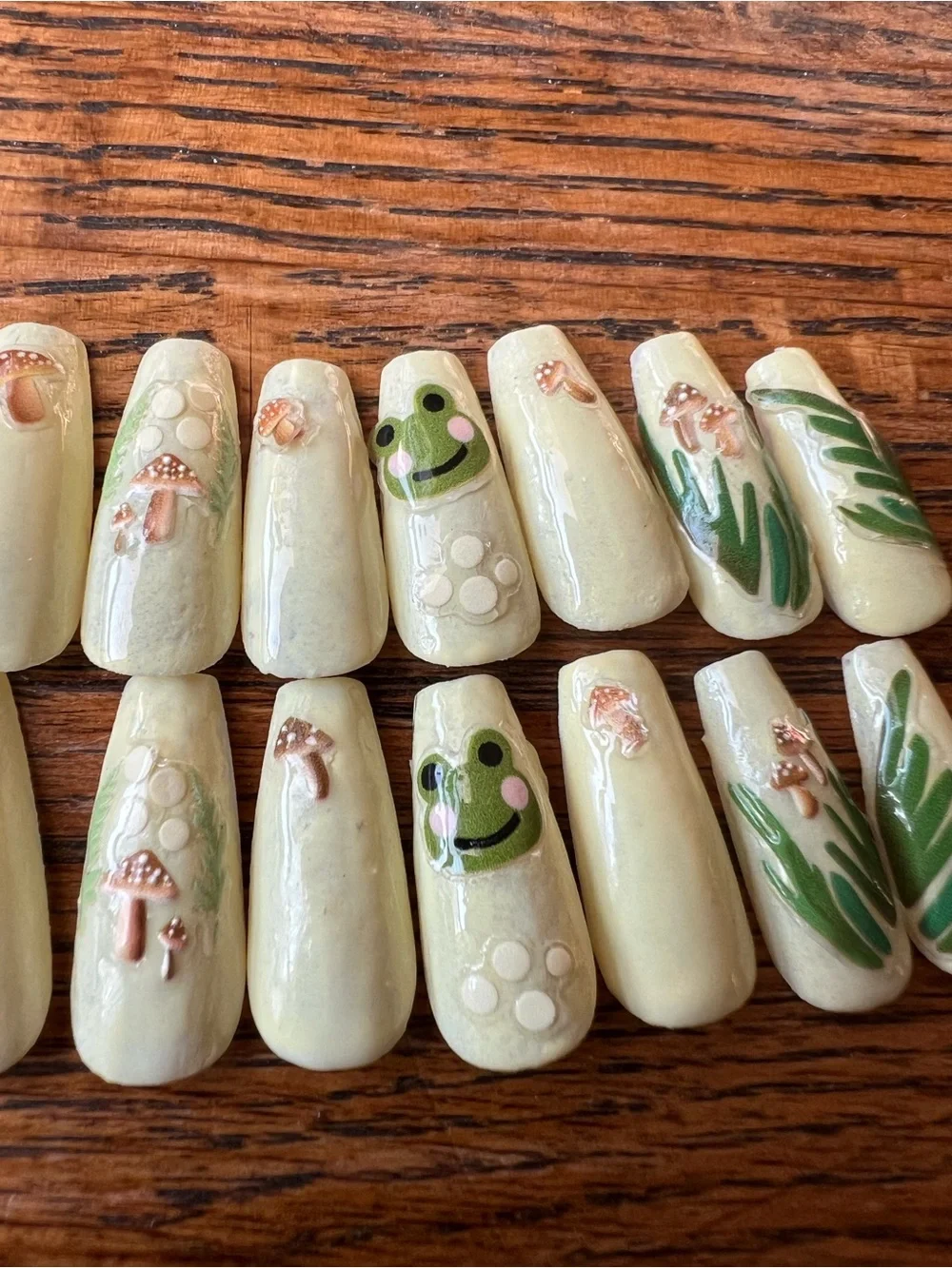 Yellow Mushroom Coffin Press-On Nails – Floral & Leaf Accent Set